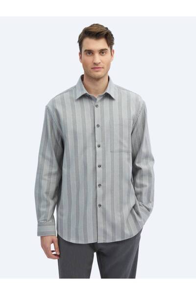 Kip Cămașă lungă, casual, din amestec de bumbac, cu dungi gri, croială oversize