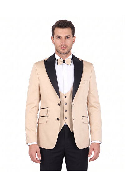 OSCAR BANKS Men's Slim Fit 3-Piece Tuxedo Set - Jacket + Vest + Bow Tie - Beige