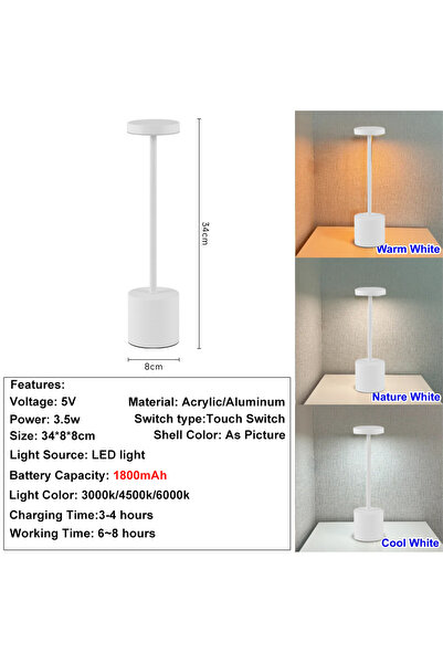 Choice3 White Nordic Style Rechargeable Alloy Desk Lamp, Cordless Touch Contr...