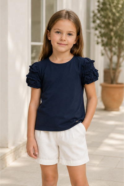 Mutlu Kids Tricou pentru fete cu mânecă scurtă elastică și detaliu cu volane