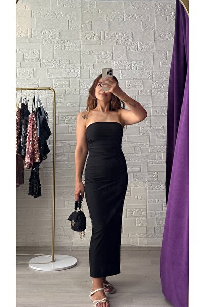 Derya Akyol Women's Black Strapless Slit Midi Summer Dress
