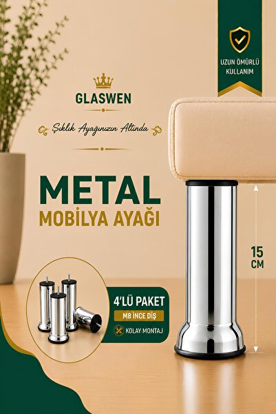 GLASWEN 4 قطع من أرجل الدعم المعدنية مقاس 15 سم من الكروم لأثاث الأريكة ووحدة...