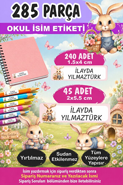 Kt Grup Okul Etiketi Çiçekli Tavşan Kalem Defter - Kişiye Özel Isim Yazılabil...
