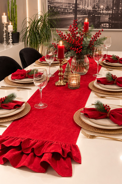 Decamor home Pearl Velvet Textured Seamless Red Double Layer Ruffle Runner Ch...