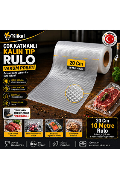 Klikal 20 Cm 10 Metre Çok Katmanlı Ev Tipi Rulo Vakum Poşeti