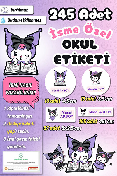 Sticker Ekspres Okul Etiketi Lila Pembe Kuromi Kalem Defter Etiketi Özel İsim...