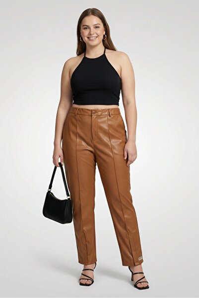 The Giving Movement Women Skinny Fit Leather Straight Pants, Brown