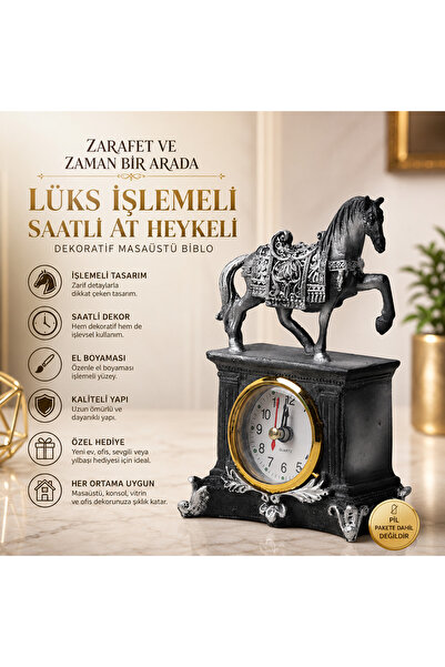 e-life shop Saatli At Heykeli Lüks İşlemeli Dekoratif Masaüstü Biblo Ev Ofis ...