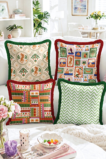 Realhomes Tropical Palm, Seahorse and Zigzag Patterned 4-Piece Fringed Throw ...
