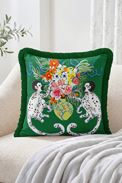 Realhomes Green Fringed Throw Pillow Cover with Leopard Pattern, Two Monkeys ...