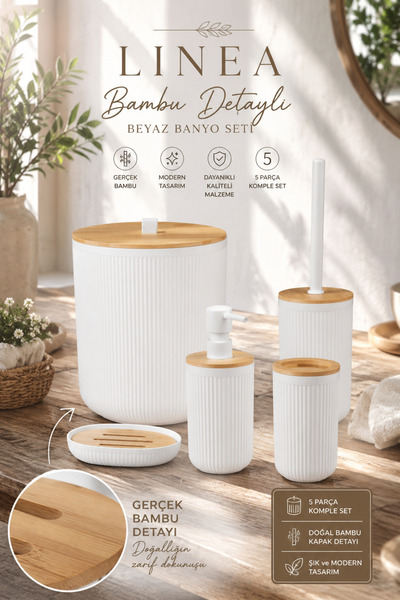 Okyanus Home Linea Bamboo Detailed White 5-Piece Bathroom Set