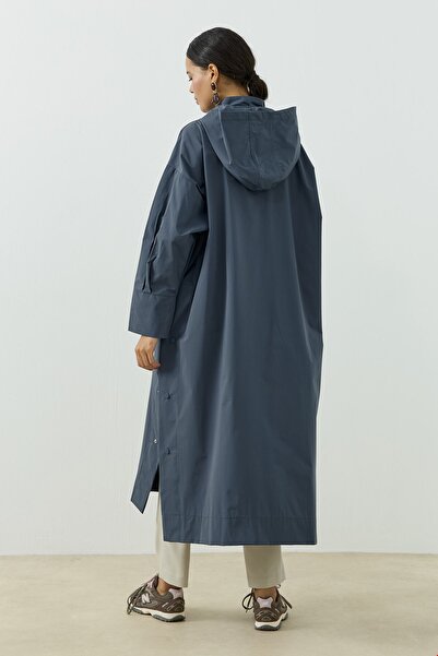 QANU Kapüşonlu Oversize Yağmurluk İndigo