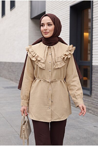 Modamorfo Double-Layered Ruffled Collar, Buttoned Waist, Lace-Up Linen Look T...