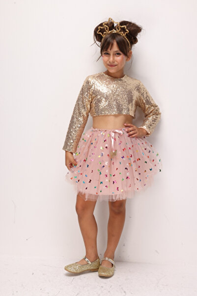 Le Mabelle Powder Butterfly Bow Detailed Girls' Tulle Skirt - Aster
