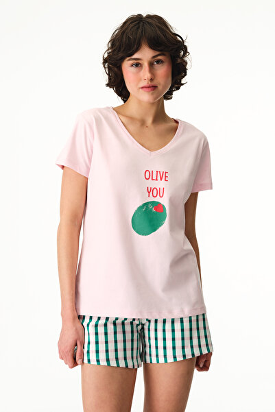 Penti Olive You Food Pattern Kratke Rukave Šortsevi Pidžama Set