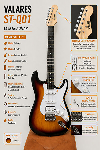 valares ST-Q01 Sunburst Elektro Gitar | Full Boy | HSS Manyetik | Full Set