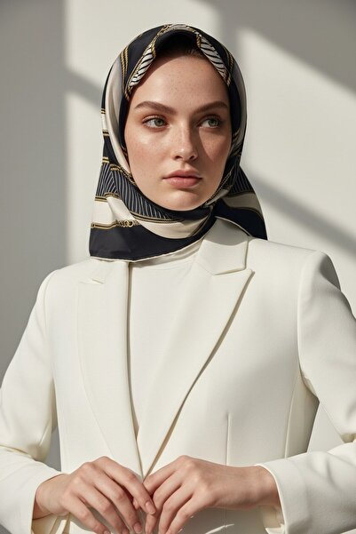 Vissona %100 Twill İpek Zincir Detaylı Geometrik Desenli Siyah - Krem Renkli ...