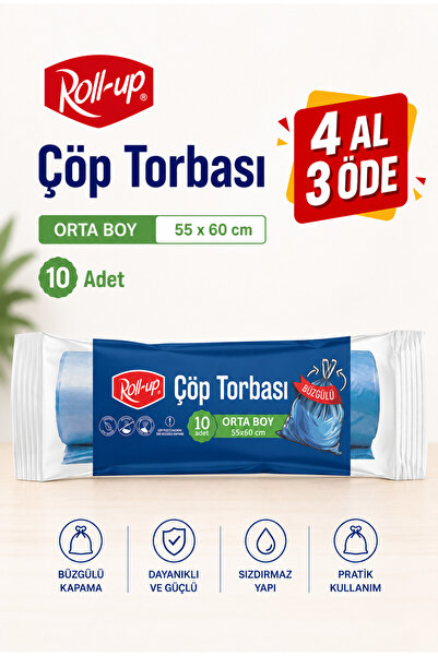 Roll-Up Orta Boy Büzgülü Çöp Torbası 55 x 60 cm 10’lu Paket