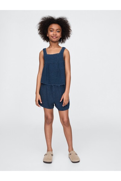 GAP Kız Çocuk Lacivert Crinkle Gauze Denim Şort