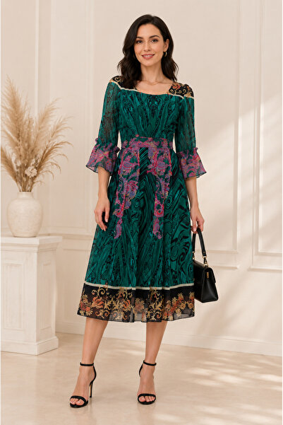 Gorgeaux Rochie Elegantă Verde cu Imprimeu Divers Sandra - XL(42)