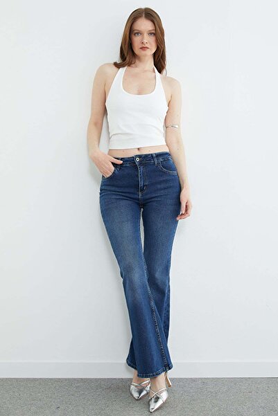 Fulla Moda Yüksek Bel Fermuarlı Flare Jean