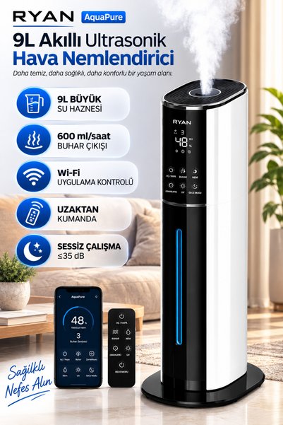 Ryan Ultrasonic Air Humidifier 9L Smart Steam Machine Aromatherapy with Humidity Sensor Aquapure
