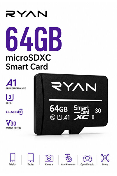 Ryan 64GB Micro SD Hafıza Kartı U3 V30 A1 SDXC 4K Video Destekli Yüksek Hızlı...
