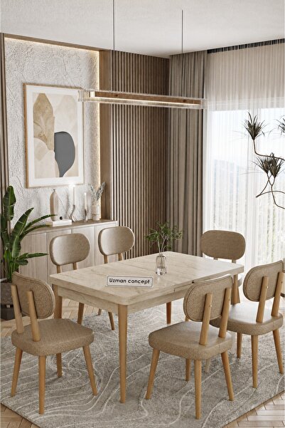 UZMHOME 80 x 130 Açılabilir Traverten Mutfak Masa Takımı Yemek Odası Takımı S...