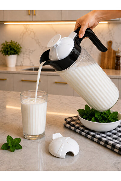 abenim 1500 cc Siyah Kapaklı Cam Ayran Karıştırma Sürahisi (yedek kapaklı)
