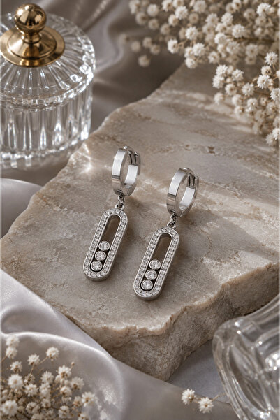 Sylvera Shop Three Stone Movable Dangle Steel Earrings (Silver Color)