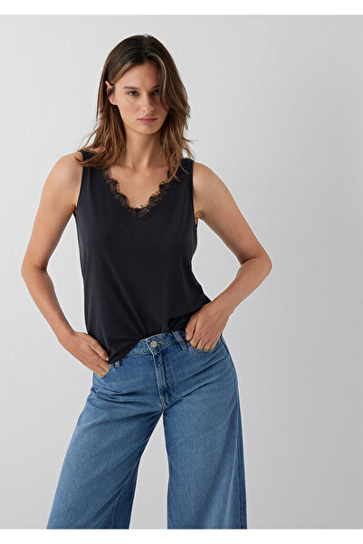 Mavi Dantel Detaylı Siyah Atlet Slim Fit / Dar Kesim 1614158-900
