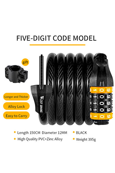Choice 5 كود 150 سم قفل كابل الدراجة WEST BIKING للدراجات الجبلية والطرق وأقف...