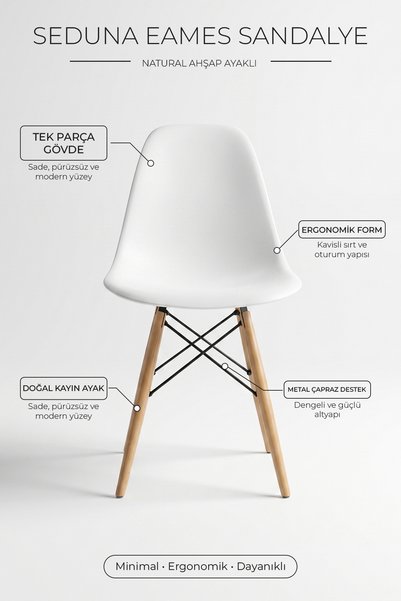 Seduna Beyaz Eames Sandalye - Natural Ahşap Ayaklı