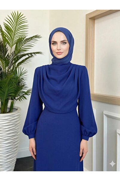 TRENDTESETTÜR KADIN LACİVERT (SAKS) DEGAJE YAKA ABİYE ELBİSE T 5895-1