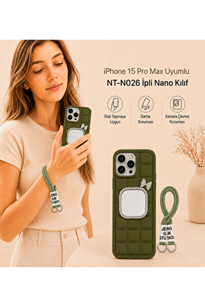 Nettech iPhone 15 Pro Max Uyumlu Taş Detaylı Askılı Kılıf – Şık Premium Silik...