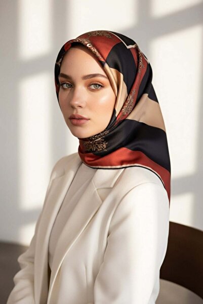 Vissona %100 Twill İpek Geometrik ve Barok Desenli Taba - Siyah Renkli 90x90 ...