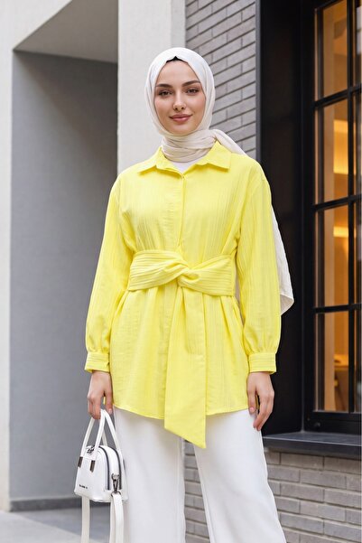 Modamorfo Waist-Tied Crinkle Shirt - Light Yellow