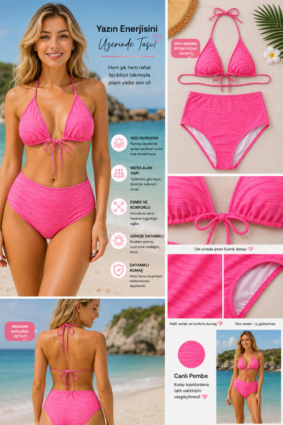 TEMSSHOP Premium Women's Pink High Waist Bikini Set Drawstring Triangle Cut B...