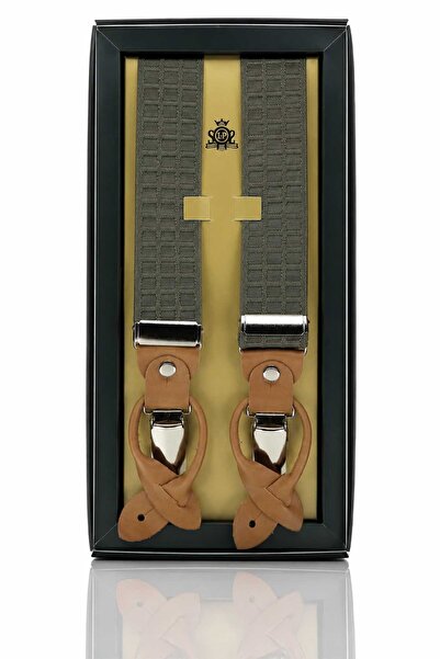 Kravatkolik Khaki Leather Linked Button Hole Jacquard Trouser Strap Pan151