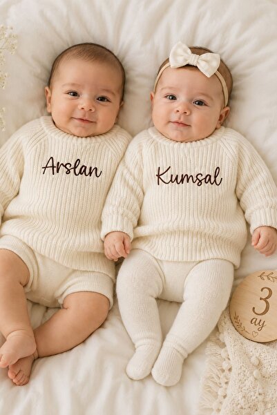 Minytrendy İsim Nakışlı Triko Kazak Unisex Bebek Çocuk Bisiklet Yaka Kazak Be...