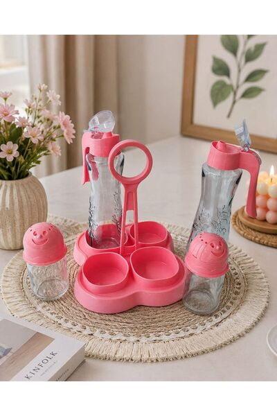 Sarina Cam Standlı Cam Yağlık,Sirkelik,Baharatlık Set-4 Parça & Pembe