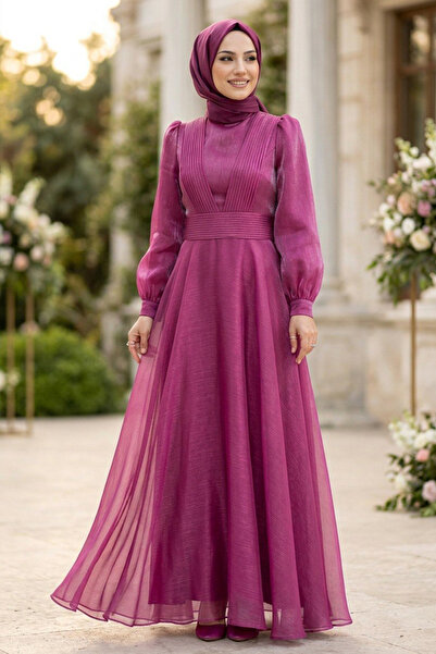 Neva Style Rochie de seară hijab fucsia cu detaliu drapat 45701F