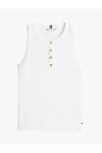 Tommy Hilfiger Kadın Kolsuz Gold Düğmeli Slim Fit Beyaz T-Shirt
