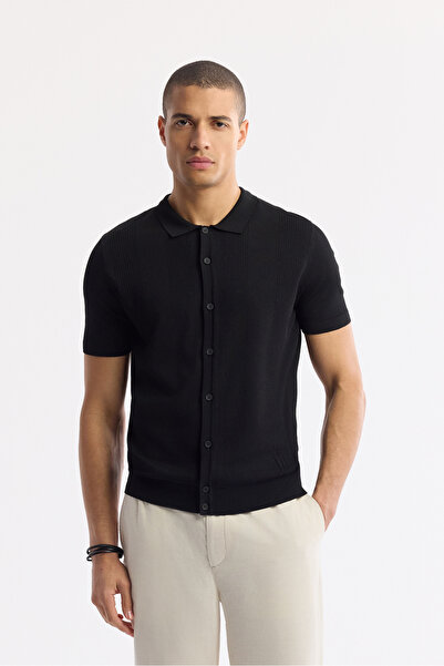 Avva Men's Black Polo Neck Buttoned Ribbed Rayon Knitwear Regular Fit T-Shirt...