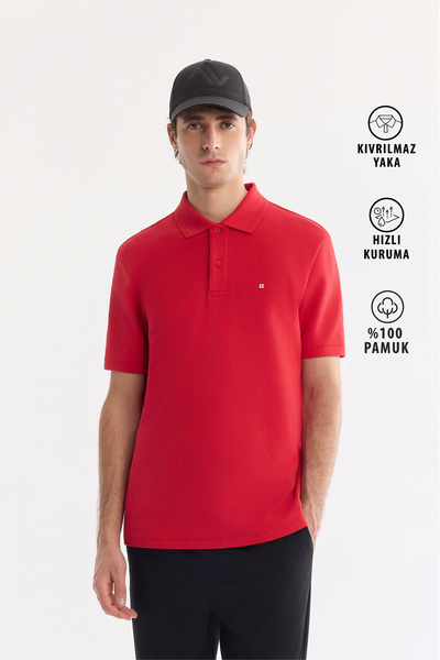 Avva Men's Red Non-Curling Polo Collar 100% Cotton Basic Regular Fit T-Shirt ...