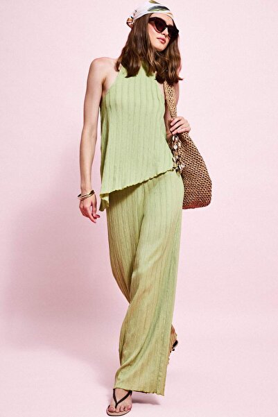 DeFacto Wide Leg Wrinkled Textured Light Green Trousers F6172Ax26Sm