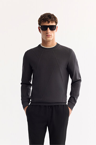 Avva Men's Anthracite Crew Neck Rayon Anti-Pilling Textured Knitwear Regular ...