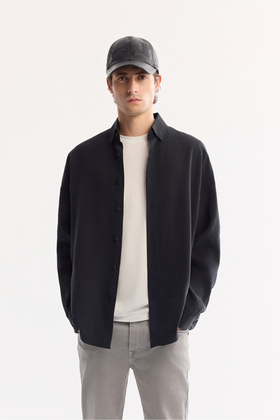 Avva Men's Black Buttoned Collar Soft Touch Oversize Oversize Fit Shirt A52Y2023
