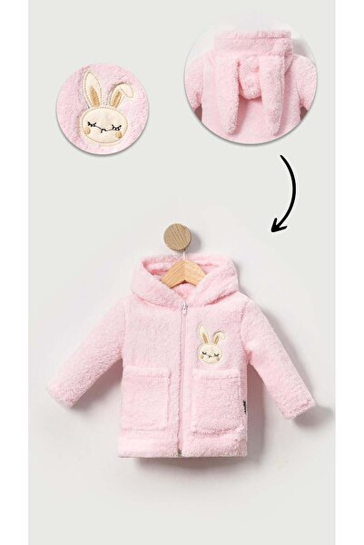 Bubito Kız Bebek Tavşan Nakışlı Fermuarlı Cepli Peluş Welsoft Kışlık Hırka - Pembe