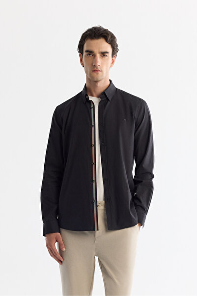 Avva Men's Black Buttoned Collar 100% Cotton Patterned Slim Fit Shirt A42Y2049